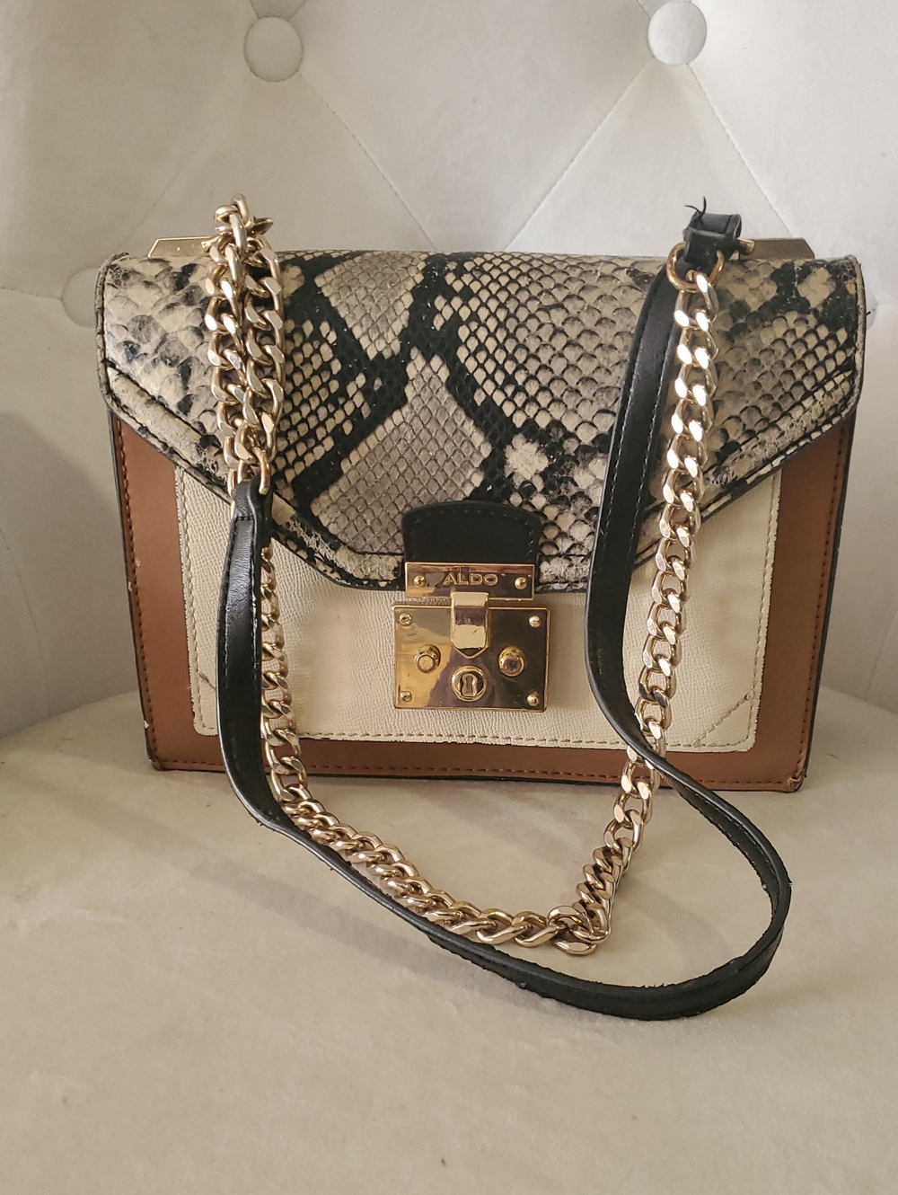 ALDO Snake-Print Flap Crossbody in Black, Brown & Cream with Gold Hardware
